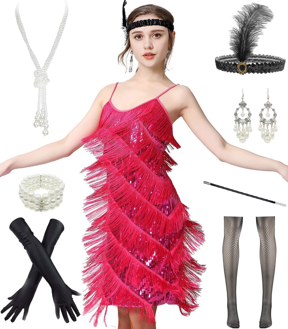 8098 1920s Gatsby Flapper Dress Sexy Open Back Strap Fringed Cocktail Party